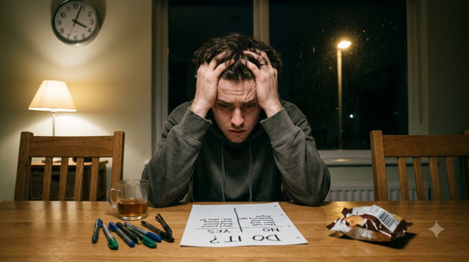 Person stuck deliberating over a simple yes-or-no decision late at night
