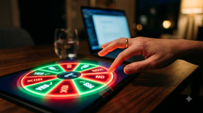 A hand about to spin a digital Yes or No decision wheel glowing red and green