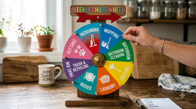 A spin wheel used for splitting weekly household chores fairly