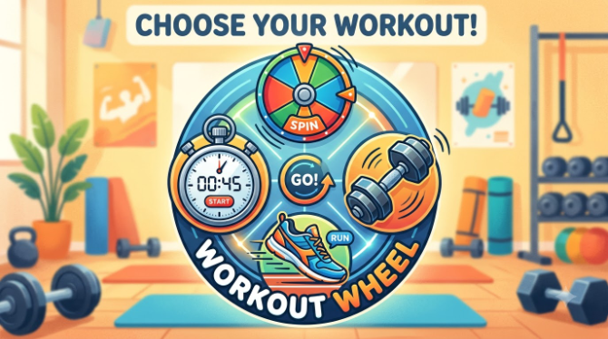 Illustrated icons of a spin wheel, dumbbell, running shoe, and stopwatch representing a workout wheel setup