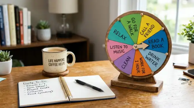 A spin wheel sitting on a desk beside a notebook and coffee mug, representing everyday decision-making