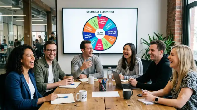 Coworkers laughing around a conference table during a team meeting, with a spin wheel of icebreaker questions displayed on a screen behind them