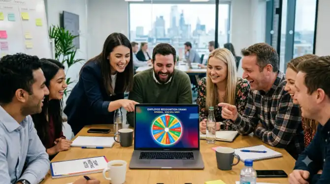 A team gathered around a laptop watching a colorful spin wheel decide an employee recognition draw during an office meeting