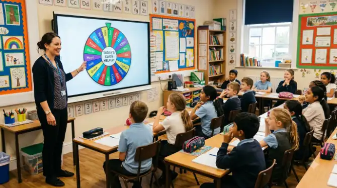 Teacher standing beside an interactive whiteboard displaying a colourful spin wheel with student names, class watching