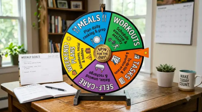 A colorful spin wheel divided into labeled sections for meals, workouts, tasks, self-care, and weekend plans, illustrating a weekly planning system