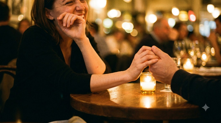 Close-up of a couple's hands across a small candlelit table, one person mid-laugh, soft warm bokeh lighting in the background