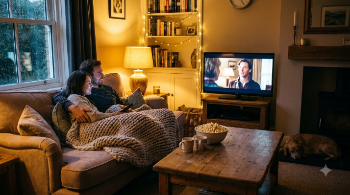 A cosy living room at night, a couple under a blanket on the sofa facing a TV, warm lamp light, popcorn bowl on the coffee table