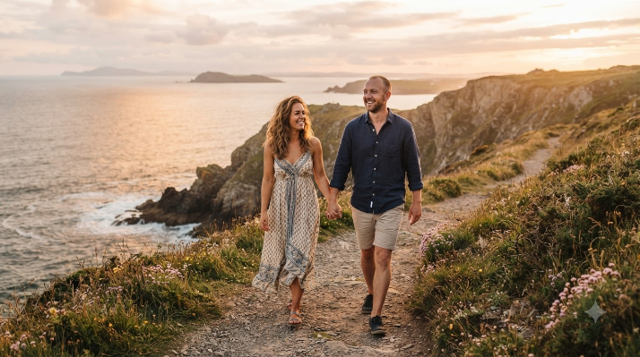 A couple walking hand in hand outdoors at golden hour along a coastal path, both smiling and looking ahead