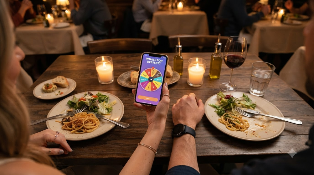 Overhead view of a couple's hands over a restaurant table, one hand holding a phone showing a spin wheel app, plates and candles visible around it
