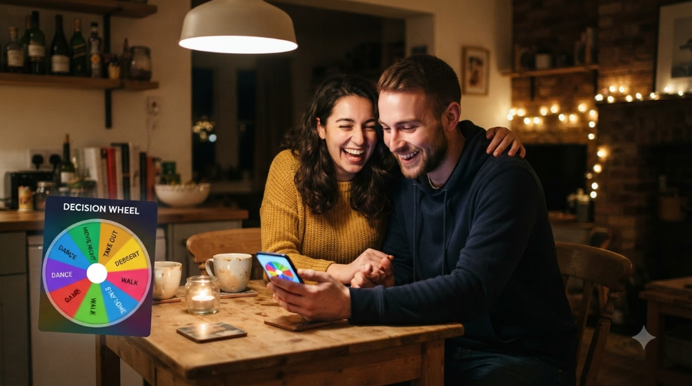 A couple sitting close together at a small kitchen table at night, laughing as they look at a colourful spin wheel on a phone screen between them
