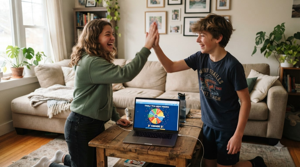 Two teenage siblings high-fiving next to a laptop showing a spin wheel result, casual living room setting, natural daylight, candid moment