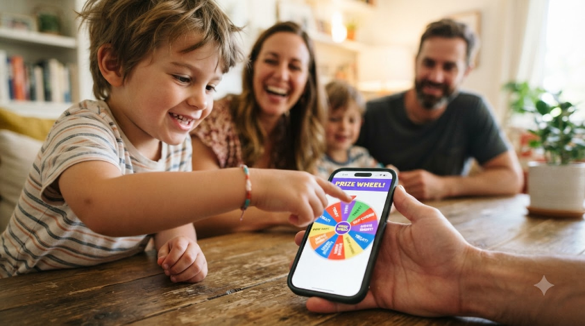 Close-up of a child's hand reaching to spin a colourful wheel on a phone screen, family members visible slightly out of focus in the background, playful energy