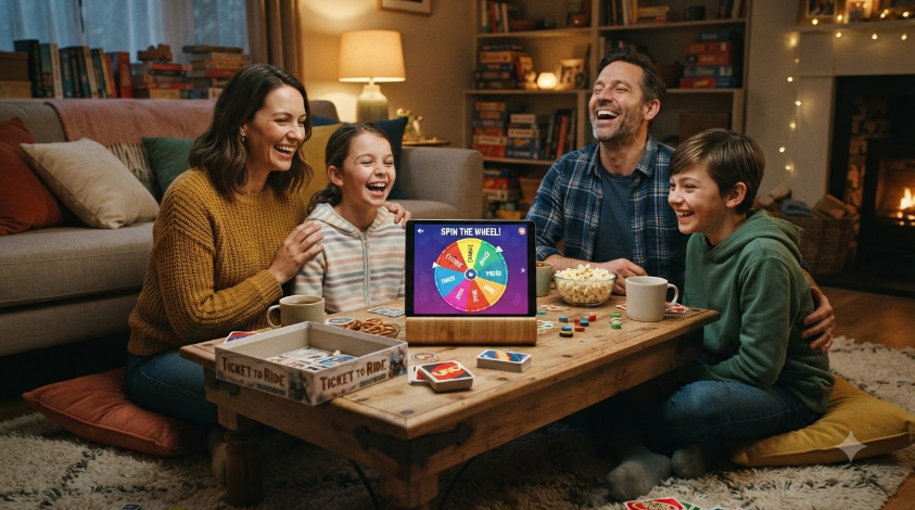 A family of four sitting around a coffee table in a living room, laughing together as they look at a colourful spin wheel on a tablet propped up between them, board games and snacks scattered around
