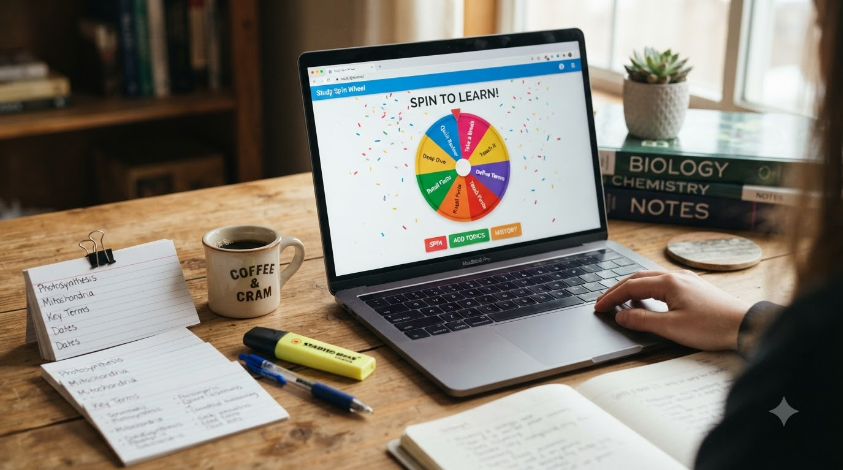 Laptop showing a spin wheel app on a study desk with flashcards, a highlighter, and coffee