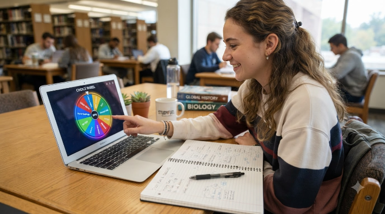 Student spinning a colourful digital wheel next to an open notebook on a desk