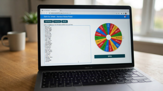 Close-up of a laptop screen showing a text list of usernames being pasted into a spin wheel entry panel