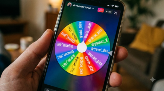 Phone screen showing a colourful spin wheel with usernames, mid-spin, for a social media giveaway