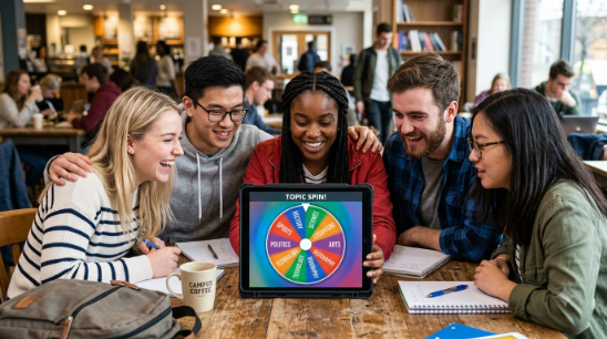 Group of students gathered around a tablet screen showing a spin wheel with topic names, mid-spin