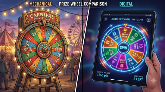 Split illustration comparing a mechanical carnival-style prize wheel on one side with a glowing digital wheel interface on the other