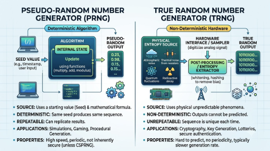 Side-by-side diagram comparing a pseudo-random number generator algorithm with a true hardware entropy source