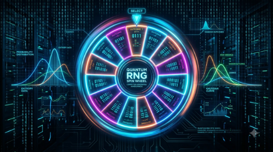 Glowing digital spin wheel with abstract binary code and probability curves illustrating computer-generated randomness