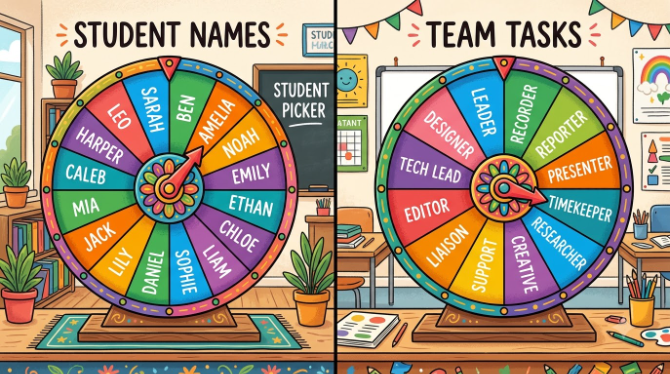 Split illustration showing a spin wheel labeled with student names on one side and a spin wheel labeled with team task names on the other