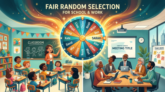 Illustration of a glowing name picker wheel above a classroom and an office meeting table, symbolizing fair random selection at school and work