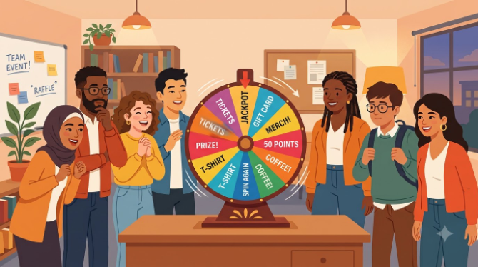 Diverse group of people in a classroom or office watching a colorful spinning prize wheel with anticipation, warm lighting, illustrated flat style