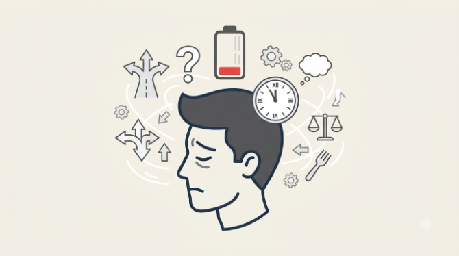 Minimalist illustration of a person's head with a battery icon draining as small floating decision icons (fork, clock, question mark) surround them