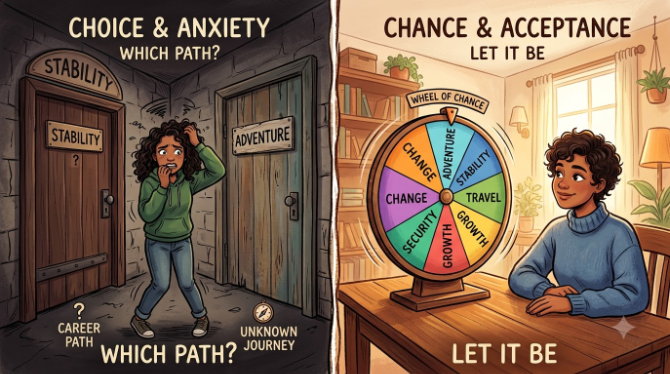 Split illustration showing a person deliberating anxiously over two doors on one side, and calmly accepting a spinning wheel result on the other
