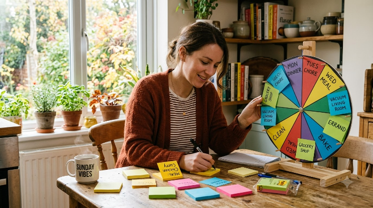 A person sitting at a kitchen table on a Sunday afternoon writing meal and task ideas onto sticky notes before adding them to a spin wheel