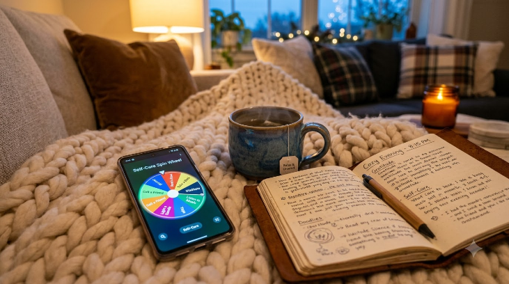 A cozy evening scene with a cup of tea, an open journal, and a phone showing a spin wheel of self-care activities on a soft blanket