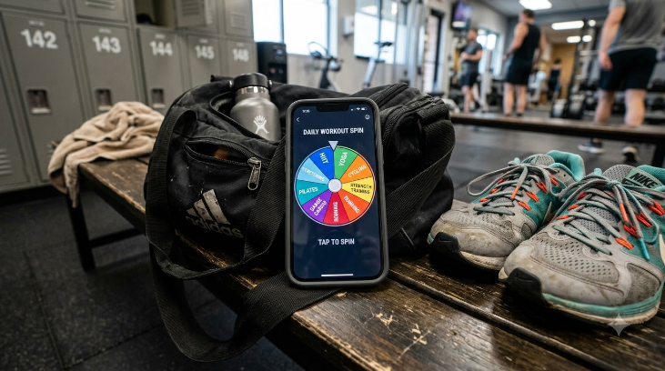 A phone screen showing a spin wheel labeled with workout types like HIIT, yoga, and cycling, resting on a gym bag next to running shoes