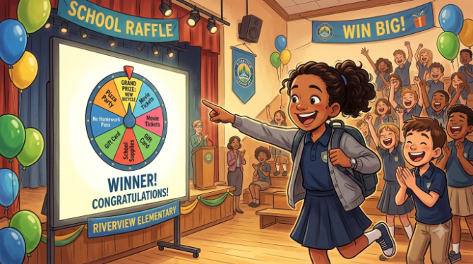 A student excitedly pointing at a prize wheel that has just stopped spinning on a school hall screen, classmates cheering in the background, warm celebratory illustration style