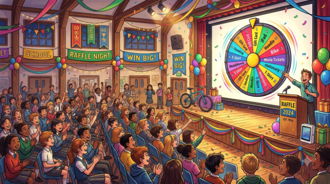 Illustration of a school hall with students watching a large colorful spinning prize wheel projected on a screen, festive raffle atmosphere