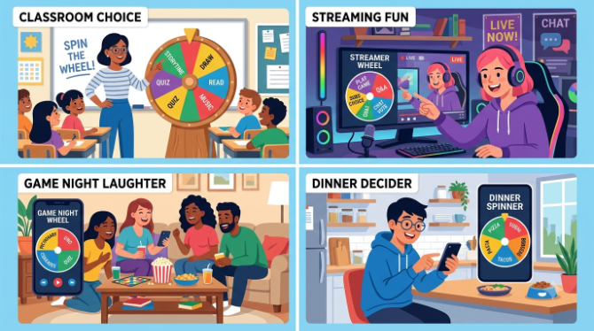 Four-panel flat illustration: a teacher pointing at a classroom spin wheel, a streamer with a wheel overlay on screen, friends laughing around a phone during game night, and a person choosing dinner with a wheel app