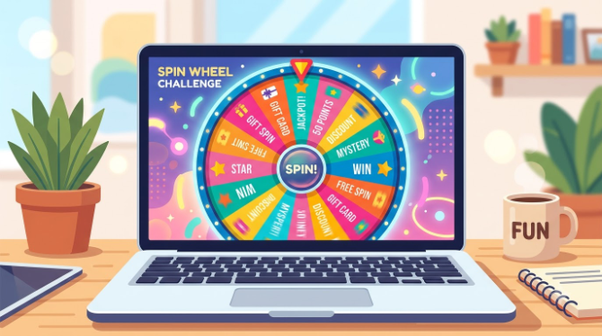 Bright flat-style illustration of a colorful digital spin wheel mid-rotation on a laptop screen, with a small pointer at the top and a soft motion blur on the wheel