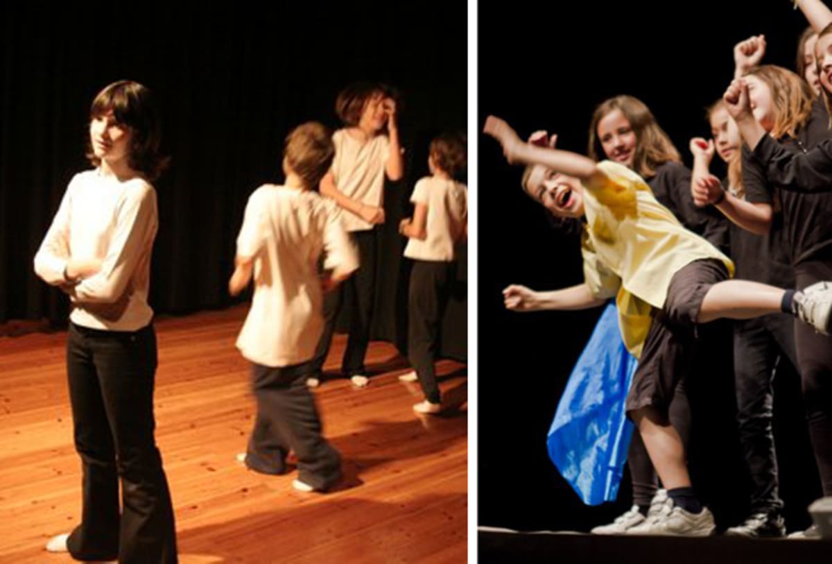 Doble imagen: ensayo sobre el escenario y escena de grupo con una tela azul