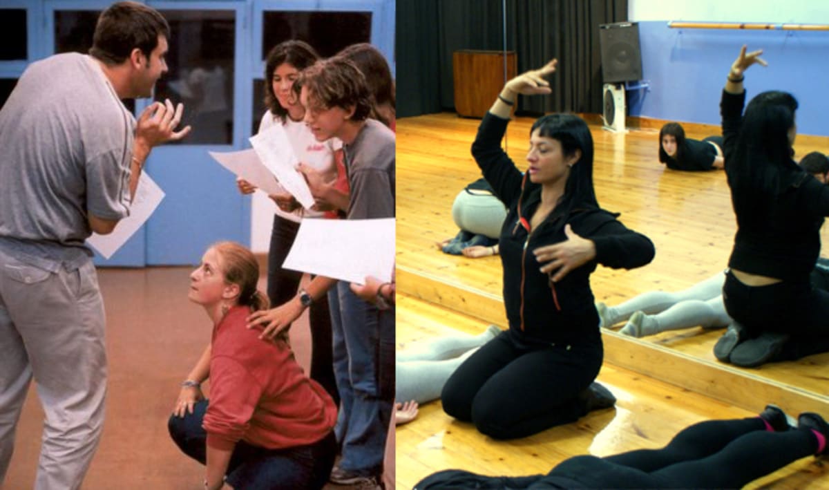 Doble imagen: trabajo de texto con guiones y clase de danza en la sala de espejos