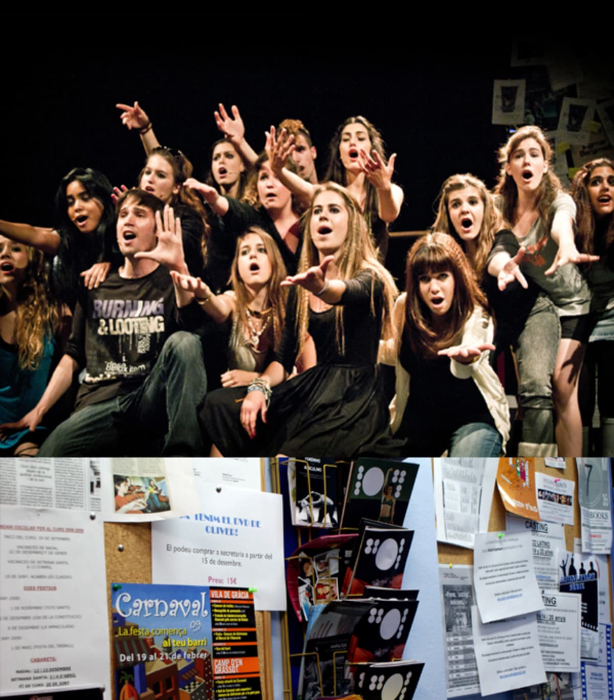 Montaje de dos fotos: alumnos gritando en escena y el tablón de anuncios de la escuela