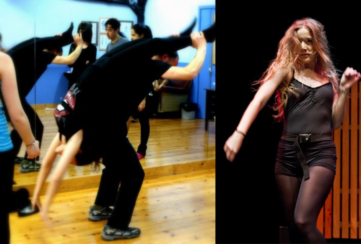 Díptico: ejercicio de danza ante el espejo y una intérprete caracterizada en escena