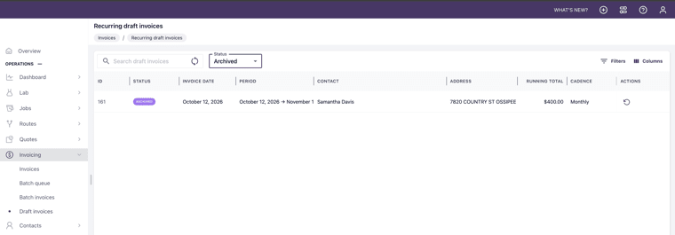 Archive and restore confirmations for a recurring billing draft.