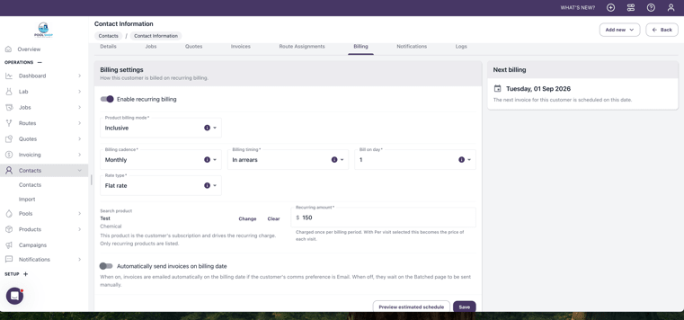 Customer Billing tab with Enable recurring billing and Next billing date.