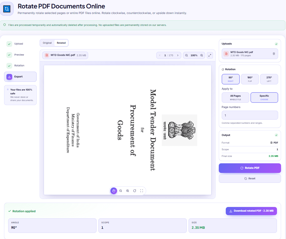 A PDF page shown upright in a browser tab beside the same file reopened sideways from the Downloads folder.