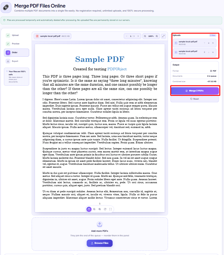 A numbered list of PDF files in a merge queue with up and down arrows beside one row being moved into position.