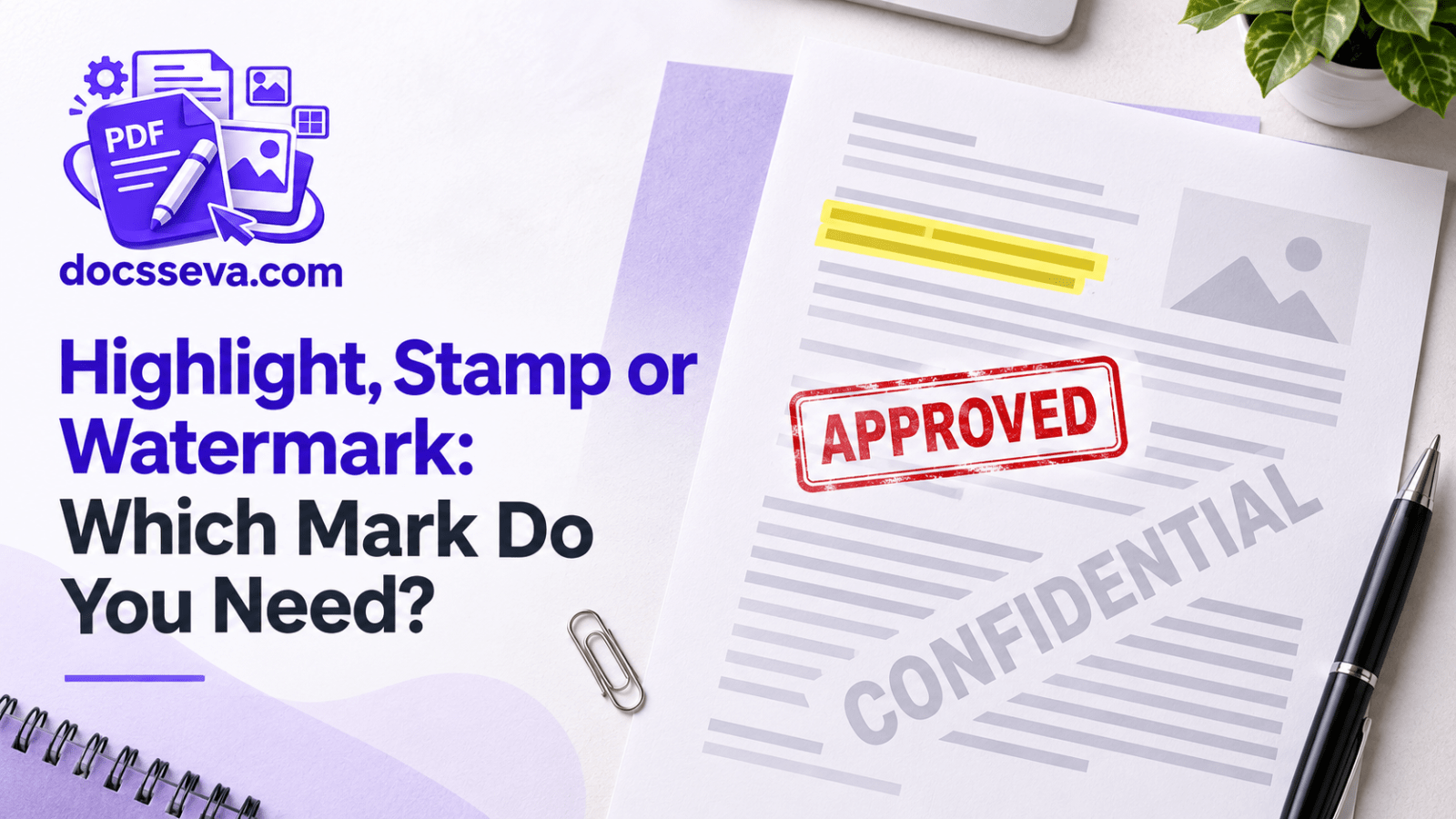 One PDF page shown three times: highlighted with notes, stamped APPROVED in a corner, and carrying a diagonal CONFIDENTIAL watermark.
