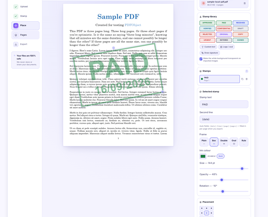 An invoice PDF on screen with a tilted green PAID stamp and today's date sitting just below the total.