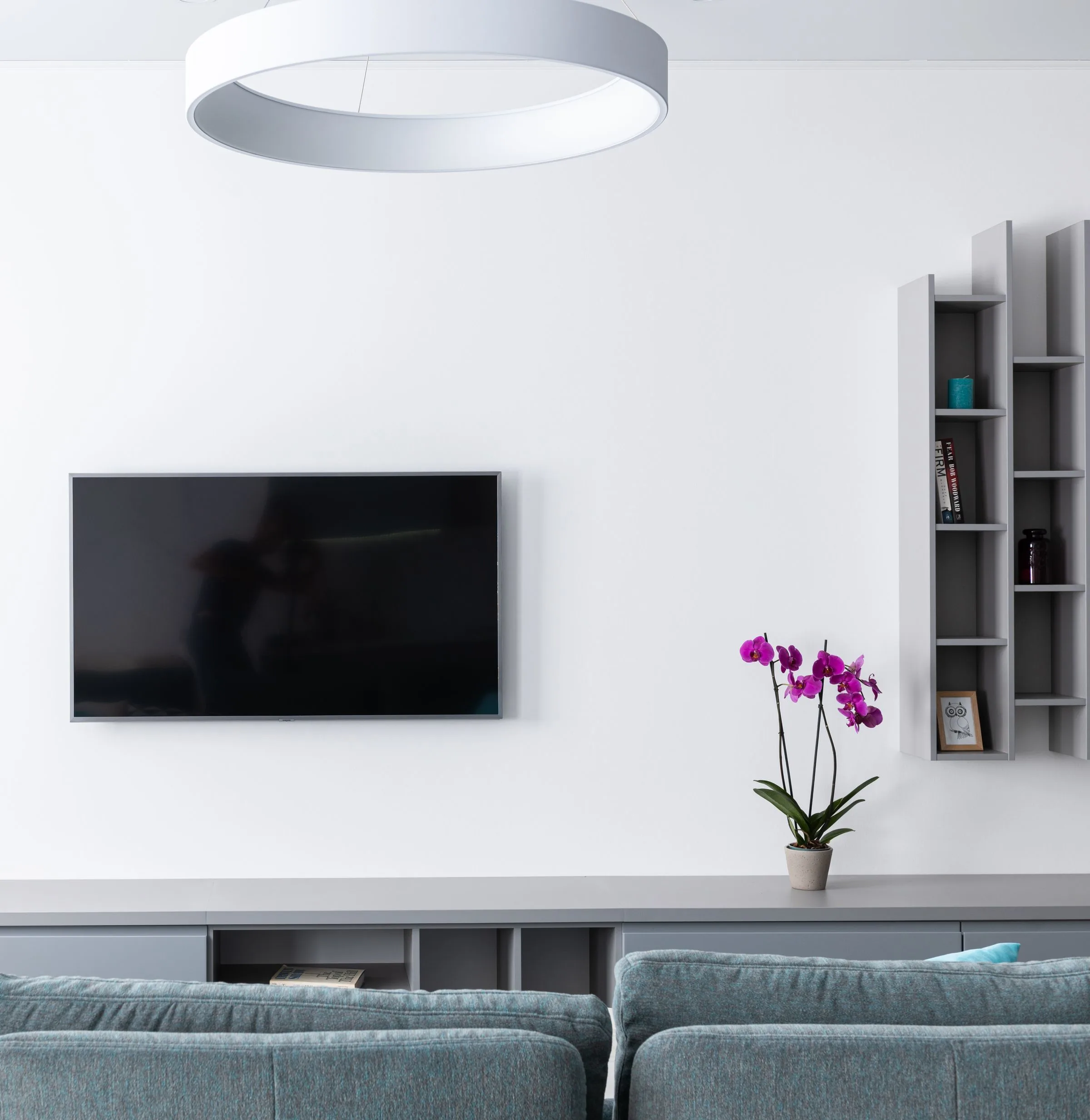 Modern living room with a large wall-mounted television