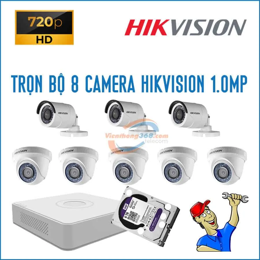 Trọn bộ 8 camera HikVision 1.0MP