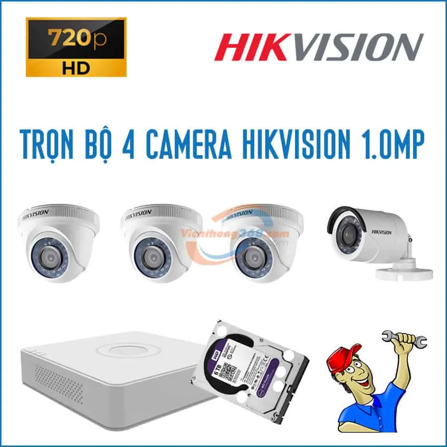 Trọn bộ 4 camera HikVision 1.0MP